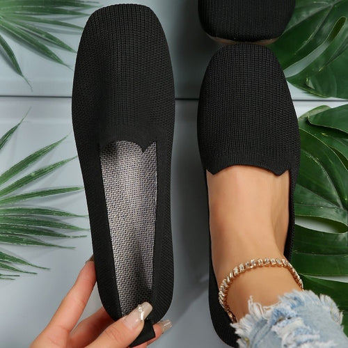 New Summer Women's Square-Toe Fly-Knit Flat Slip-On Casual Shoes