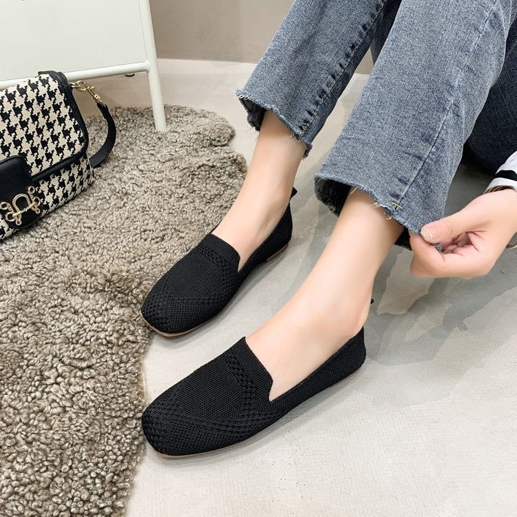 New Summer Women's Square-Toe Fly-Knit Flat Slip-On Casual Shoes